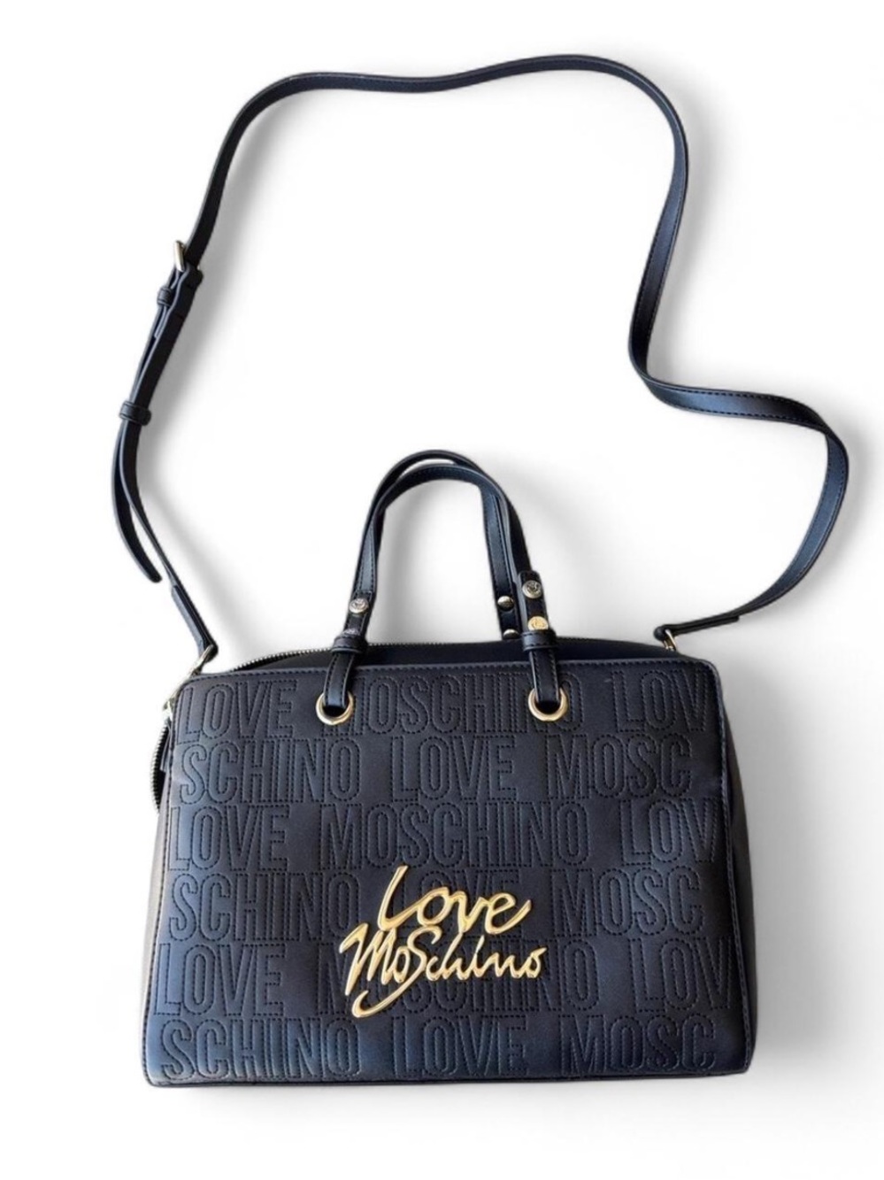 Love Moschino Black Embossed Logo Satchel Crossbody Bag Y2K Designer Glam